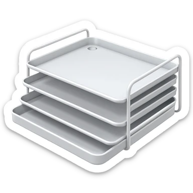 A minimal, clean emoji-style illustration of a white metal desk paper organizer tray, shown in slight isometric view so its structure is readable at a small scale. The organizer is rectangular with rounded corners, made of thin white metal wires, forming two to three stacked horizontal slots.
 sticker