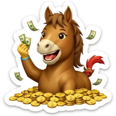 Laughing horse who is a smart and rich bank clerk but laughing with money sticker