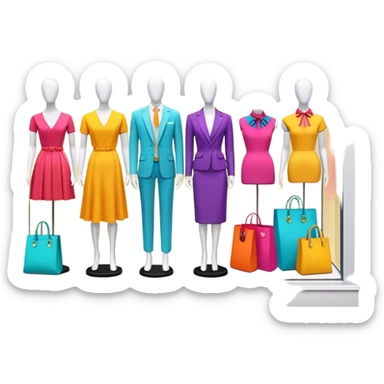 Storefront shop window with products displayed, mannequins, and clothing items sticker