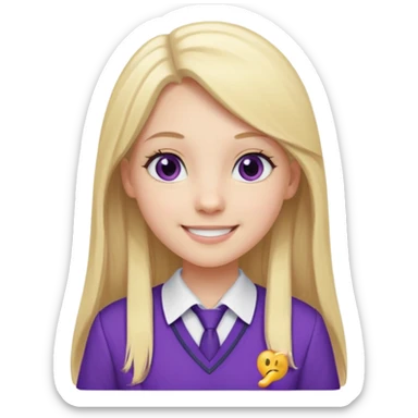 A pale girl with gray eyes and long and blonde straight hair , smiling wearing a purple school uniform  sticker