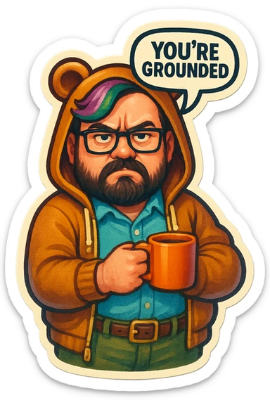 A realism art illustration art style of a plus-sizes man with purple to green ombre streak, black beard, blue eye, glasses, wearing a bear hoodie with ears,  dressed like a dad, holding a coffee mug, You’re grounded speech bubble, frowning  sticker