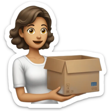 Mujer en plano americano con una caja en la mano que dice Siltof sticker