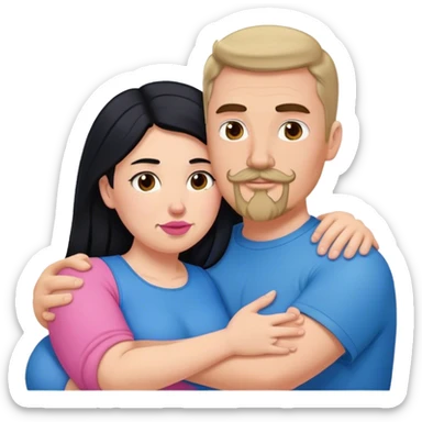 Tall strong white man with brown mustache goatee wearing blue hugging a chubby short pale woman with long black hair wearing pink sticker