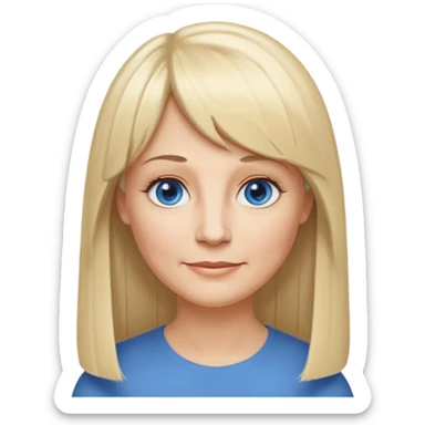 50 yr old white woman, hippe part bangs, very long straight blond hair, oval face, small smile, blue eyes, thin face, hair downback, hair parted at center of head, round cheeks, pale, longer hair sticker