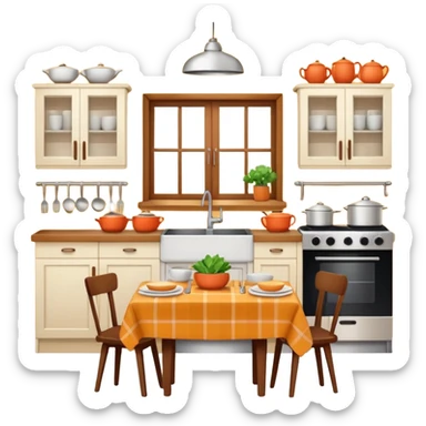 A cozy home kitchen in clean emoji-style illustration. Warm colors, simple shapes, homemade dishes on the counter, friendly atmosphere, flat design, high contrast, clear outlines. sticker