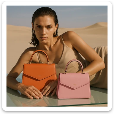 A stylish woman lying on her side on a glass surface in a minimalist desert, gazing intensely at the camera. She holds two designer bags—one orange, one pink—wears a beige minimalist top, earrings, and has sleek wet hair. Dramatic sunlight, high fashion editorial vibe, soft pastel colors. sticker