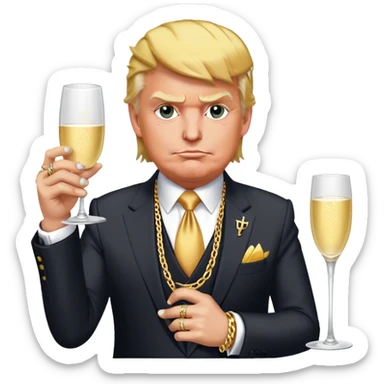 Donald Trump in a sharp suit, but with exaggerated gold chains, flashy rings, and bold face tattoos. Holding a champagne glass, smirking confidently, with a chaotic, edgy vibe. sticker