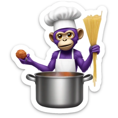 A purple monkey, cooking spaghetti and meatballs ￼ sticker