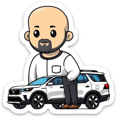bald man with beard standing next to a white Kia Mohave SUV sticker
