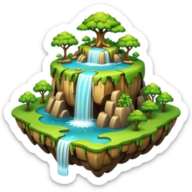 a 2d smooth not too dertailed cartoon floating island emoji with waterffalls of the sides sticker