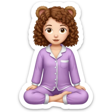 Grown up Woman with brown eyes, brown curly hair, white skin, full body in cute pijama bear sticker