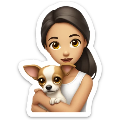 A girl with long, dark brown hair, big brown eyes, and very big lips. She is wearing a white singlet top and holding a small chihuahua in her arms that is a solid light yellow colour with no markings sticker