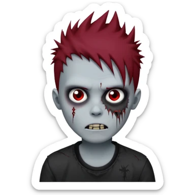 zombie boy with dark red spiky emo hair and black shirt sticker