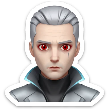 Cyberpunk man, grey slicked hair, silver metal thick  prosthetic jawline, red eyes, cold expression, clinical lighting sticker