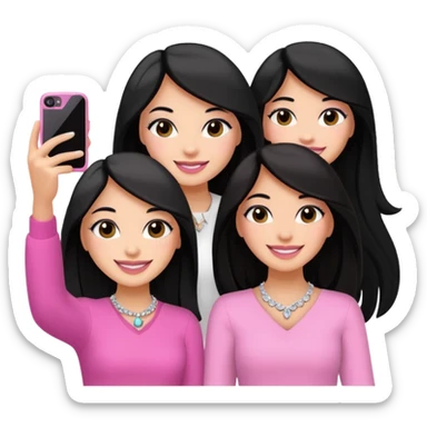 Just 3 besties with professional glammed up looks wearing pink and white, all medium skin tone smiling big with black long hair. Very girly wearing simple jewelry, taking a selfie  sticker
