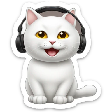 White Cat listen and music with happy face sticker