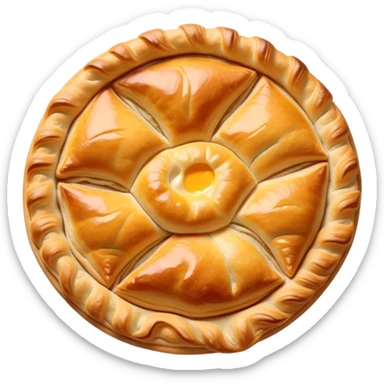 Cinematic Realistic Burek sa Sirom Dish Emoji, showcasing a flaky pastry filled with cheese rendered with crisp textures and appetizing, warm lighting. sticker