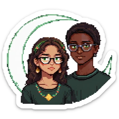 two people in pixel art style: medium height beautiful Mexican girl and dark-skinned boy with glasses, green-brown eyes, crescent moon scar on chin sticker