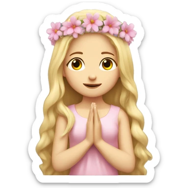 caucasian with Long blonde hair praying girl with pink flora in hands and floral crown sticker