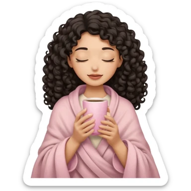woman with medium sand tone, black long 3b curls, closed eyes, feminine face, holding soft pink coffee cup with beige blanket over shoulders sticker