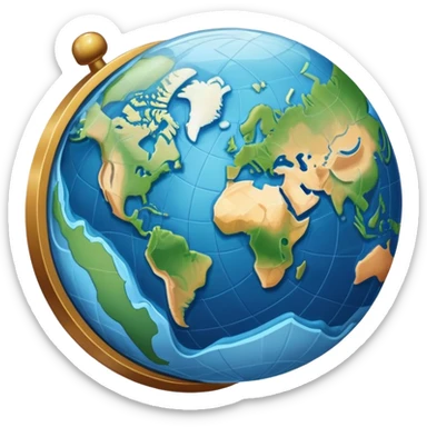 an icon featuring an earth with attitude and longitude lines, a textbook, and a topographic map, symbolizing geography as a science. The design includes a compass, mountain ranges, and rivers, representing the study of Earth's features and landscapes. Transparent background highlights geography. sticker
