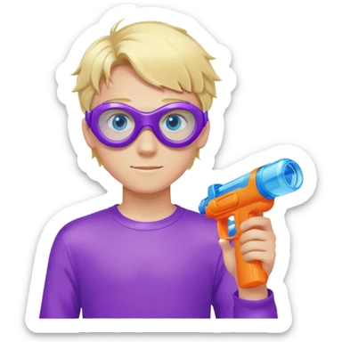 Blond 18 year old boy, with blue eyes, wearing swim goggles, wearing a purple sweatshirt , holding one water gun sticker