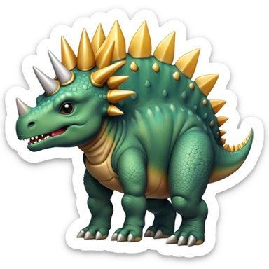 Cinematic Noble Stegosaurus Portrait Emoji, Poised and dignified, with a sturdy, low-slung body adorned by a distinctive row of bony plates along its back and a spiked tail, a small, determined head with observant eyes, Simplified yet sharply defined features, highly detailed, glowing with a soft, earthy radiance, high shine, intelligent and resolute, stylized with an air of ancient armored majesty, focused and alert, soft glowing outline, capturing the essence of a watchful and confident Stegosaurus that appears ready to lumber out of the screen with effortless authority! sticker