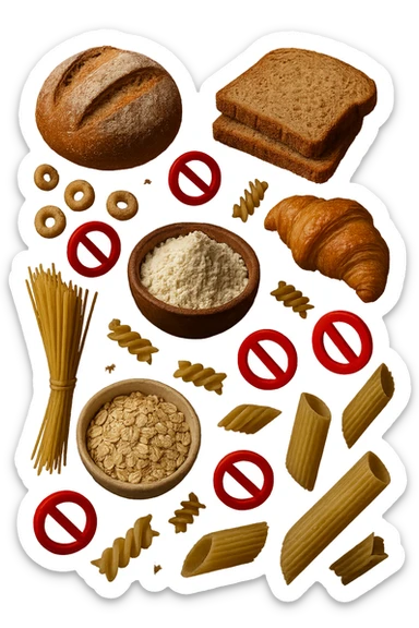 cereali, pane, pasta e farine realistici fluttuano in aria con piccoli divieti 3d, IPERREALISTICO 4K sticker