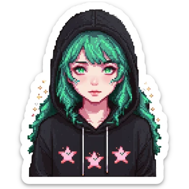 A cute girl with white skin, dark wavy hair just below her shoulders, green eyes, fair skin, a soft pink blush, and burning stars in her eyes. She has a thin neck and is wearing a black hoodie. The girl has long bangs styled on both sides of her face. sticker