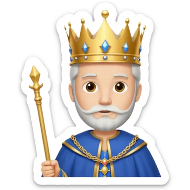 Bearded King, young king with short white beard, royal staff in hand, wearing crown, blue
 sticker