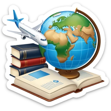 An icon featuring a hotel building, a globe, books, documents, and an airplane, symbolizing the study of tourism and hospitality. The design highlights the global travel industry, with elements of research, planning, and international travel. Transparent background. sticker