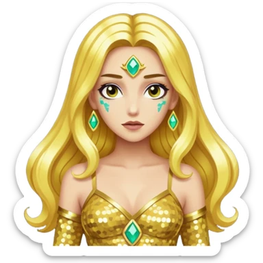 Hera from Lore Olympus with long gold hair, gold sequin outfit sticker