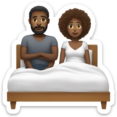 Black woman sitting in bed with white male with brown hair and beard  sticker