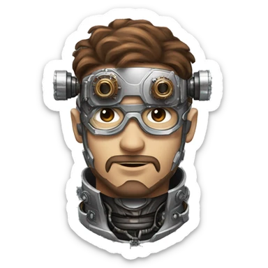 male cyborg head with brown short hair, brown beard, silver steampunk goggles and circuitry sticker