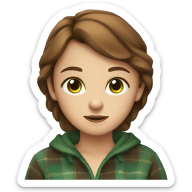 A girl with green eyes and brown hair is wrapped in a plaid sticker