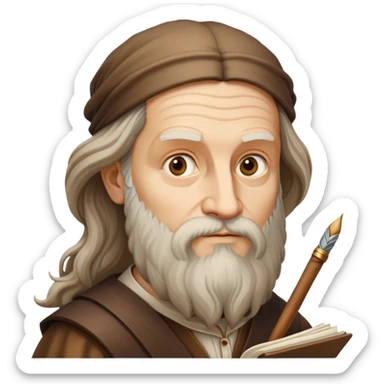 cinematic-realistic-leonardo-da-vinci-portrait-emoji,-depicted-as-the-quintessential-renaissance-polymath-with-deep,-thoughtful-eyes,-a-flowing-beard,-and-a-quill-or-sketchbook-in-hand.-the-scene-is-illuminated-with-warm,-classical-light sticker