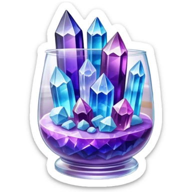 Close-up of vibrant crystals growing in a glass container on a table, with various colors like purple, blue, and clear. Some crystals are larger, while others are still forming. Soft light highlights their natural beauty. Background with a cozy indoor setting. sticker