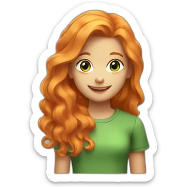 Cute girl with wave very long orange hair. green eyes, gold e and a green shirt. She is smiling sticker