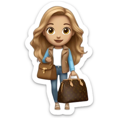 1 girl with light-brown long hair, blue eyes holding louis vuitton bag sticker