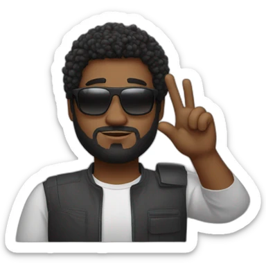 A black man with a chubby oval face, a slight beard and short frizzy hair. And sunglasses. He makes a Vulcan salute sticker