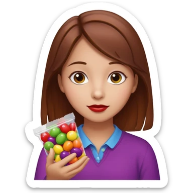 girl with brown hair holding wild berry skittles sticker