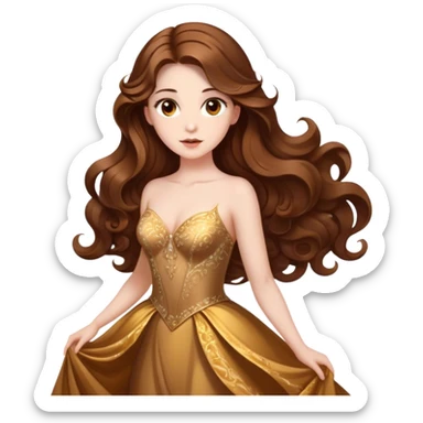 Cinematic Stunning Belle Portrait Emoji, Deep brown eyes full of curiosity, long chestnut hair flowing in soft waves, wearing her golden ballroom gown, glowing with warmth and elegance, a princess whose beauty is as radiant as her mind! sticker