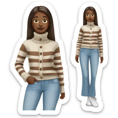 white cardigan on brown turtle neck sweater with brown white cream stripes and a flared light blue jeans sticker