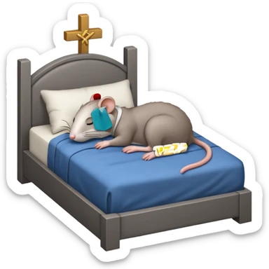 Rat sleeping In bed with zzz and a crucifix with him sticker