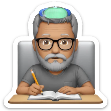 A man with a large gray beard, dark hair, wearing a t-shirt and glasses, studying. sticker