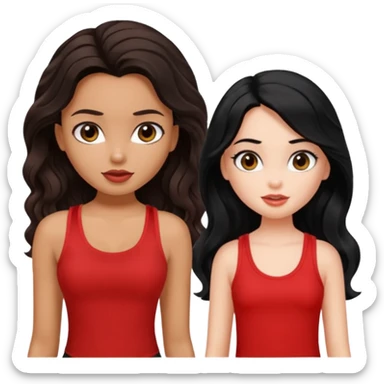 generate a pretty tan bratz girl with brown wavy hair long wearing a red tank top. talking to a girl with black hair wearing black sticker