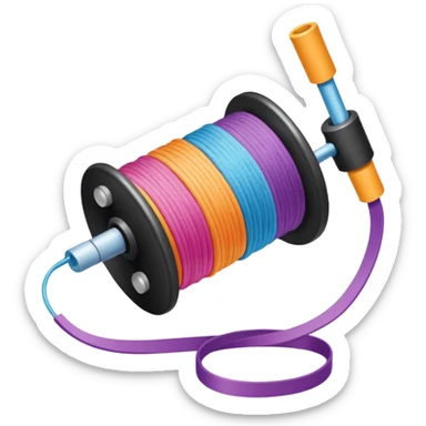 showing a hand neatly winding thread around a spool, yarn reel, or cable roll — showing the action of wrapping or coiling something around — smooth motion lines indicating circular movement, clean colorful emoji-style design sticker