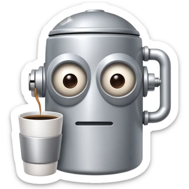A sleepy robot with droopy eyes holding a coffee mug, looking exhausted sticker