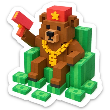 Russian grizzly bear with a rapper chain and a money gun, sitting on a throne of cash sticker