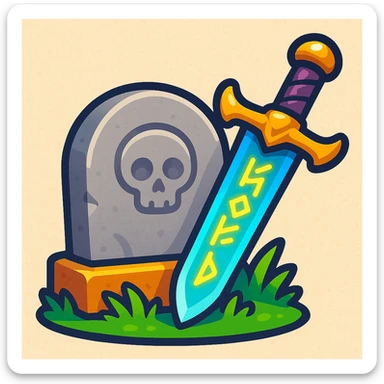Black Desert Online emoji of a gravestone with a fantasy weapon leaning against it, referencing in-game death, in a playful style sticker